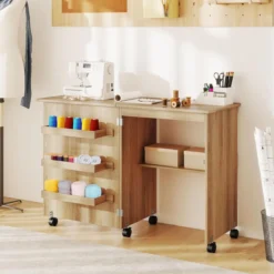 Faltbarer Nähtisch Rollende Bastelstation mit Ablagefach 3 versteckte Behälter Mobiler Nähtisch 118,5 x 40 x 79,5 cm Natur