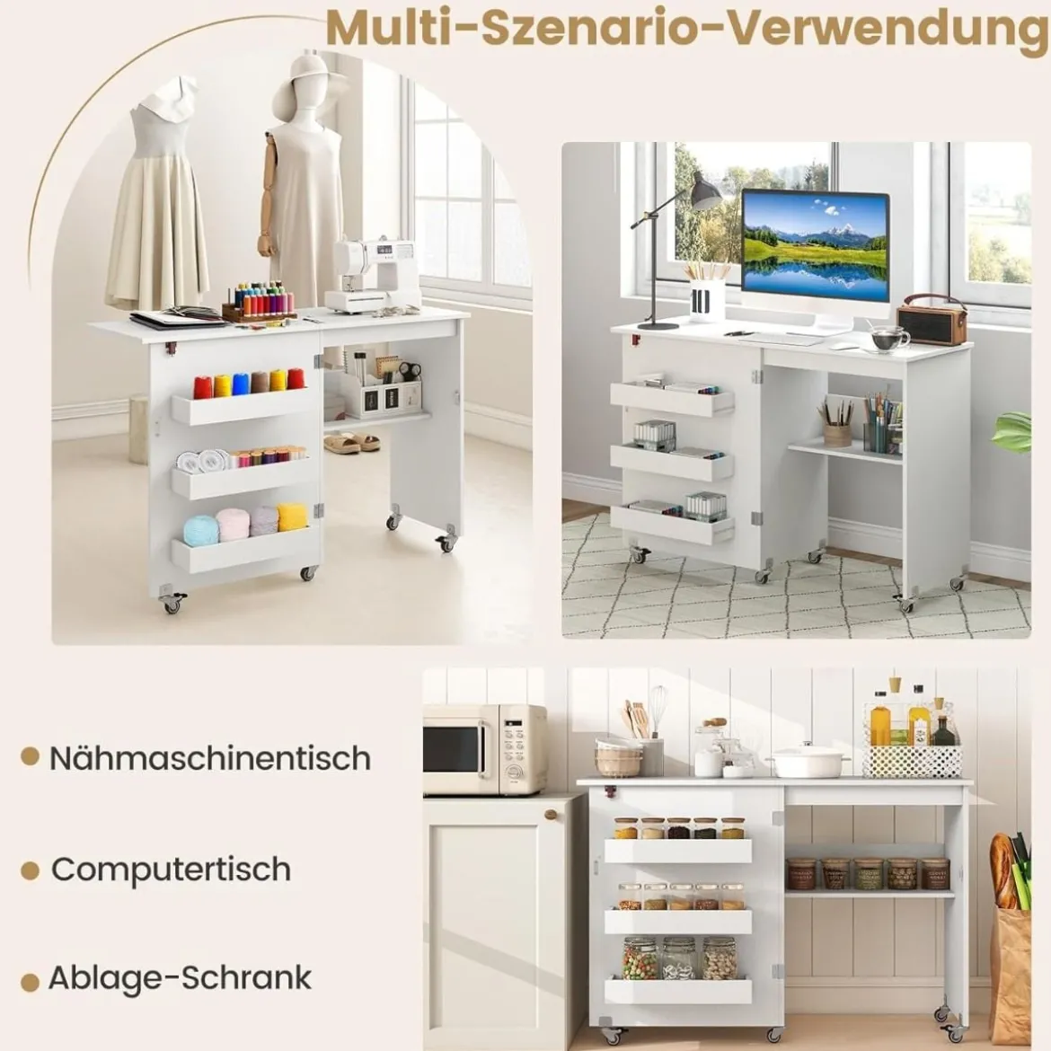 Faltbarer Nähtisch Rollende Bastelstation mit Ablagefach 3 versteckte Behälter Mobiler Nähtisch 118,5 x 40 x 79,5 cm Weiß