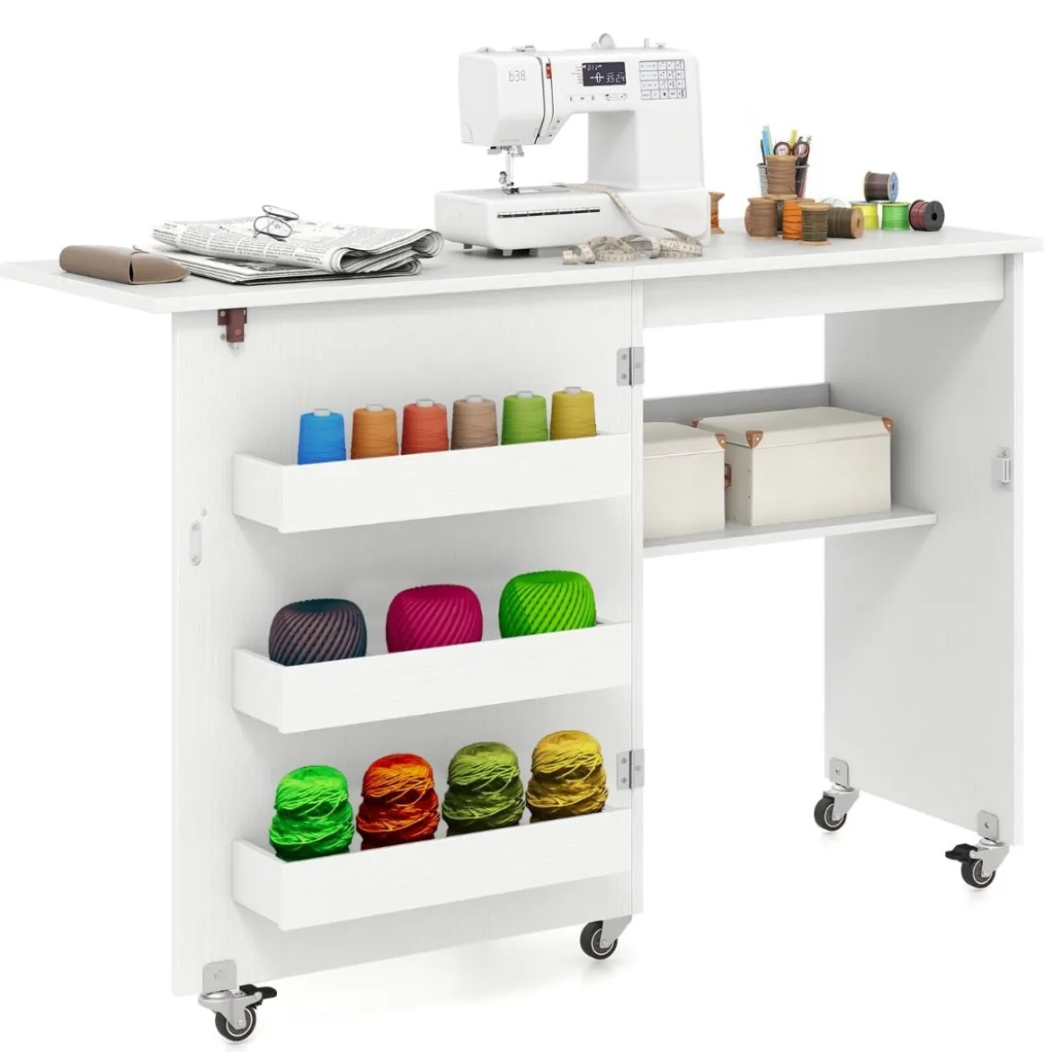 Faltbarer Nähtisch Rollende Bastelstation mit Ablagefach 3 versteckte Behälter Mobiler Nähtisch 118,5 x 40 x 79,5 cm Weiß