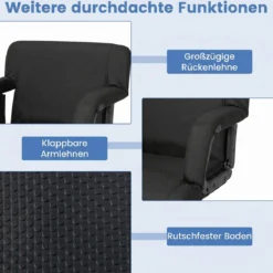 Faltbarer Stadionsitz Gepolsterter Stadionstuhl mit 6-fach Verstellbare Rückenlehne Schwarz