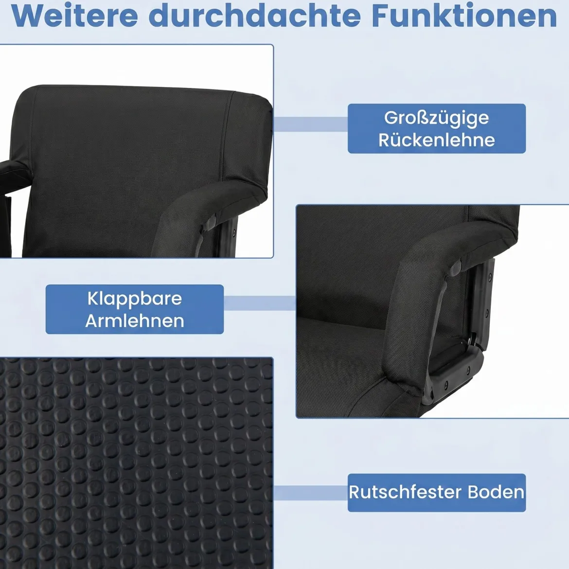 Faltbarer Stadionsitz Gepolsterter Stadionstuhl mit 6-fach Verstellbare Rückenlehne Schwarz