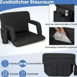 Faltbarer Stadionsitz Gepolsterter Stadionstuhl mit 6-fach Verstellbare Rückenlehne Schwarz