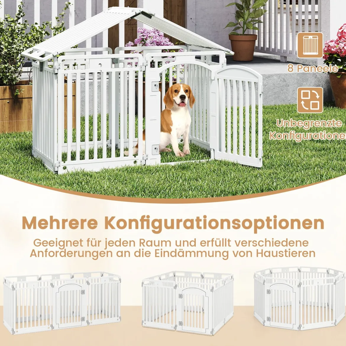 Faltbarer Welpenlaufstall mit 8 Paneelen & Abschließbarer Tür & & Bodennägeln Weiß