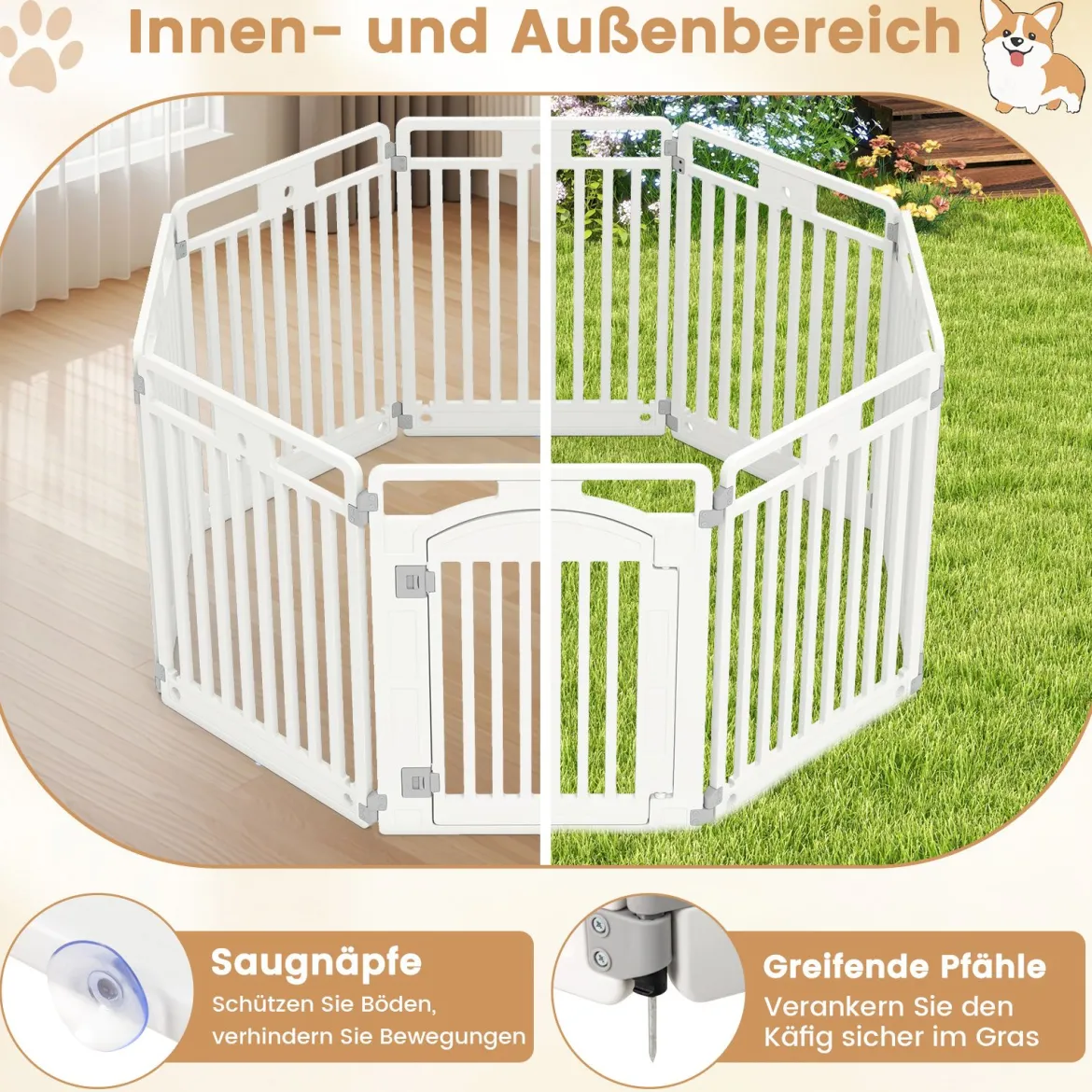 Faltbarer Welpenlaufstall mit 8 Paneelen & Abschließbarer Tür & & Bodennägeln Weiß