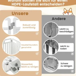 Faltbarer Welpenlaufstall mit 8 Paneelen & Abschließbarer Tür & & Bodennägeln Weiß