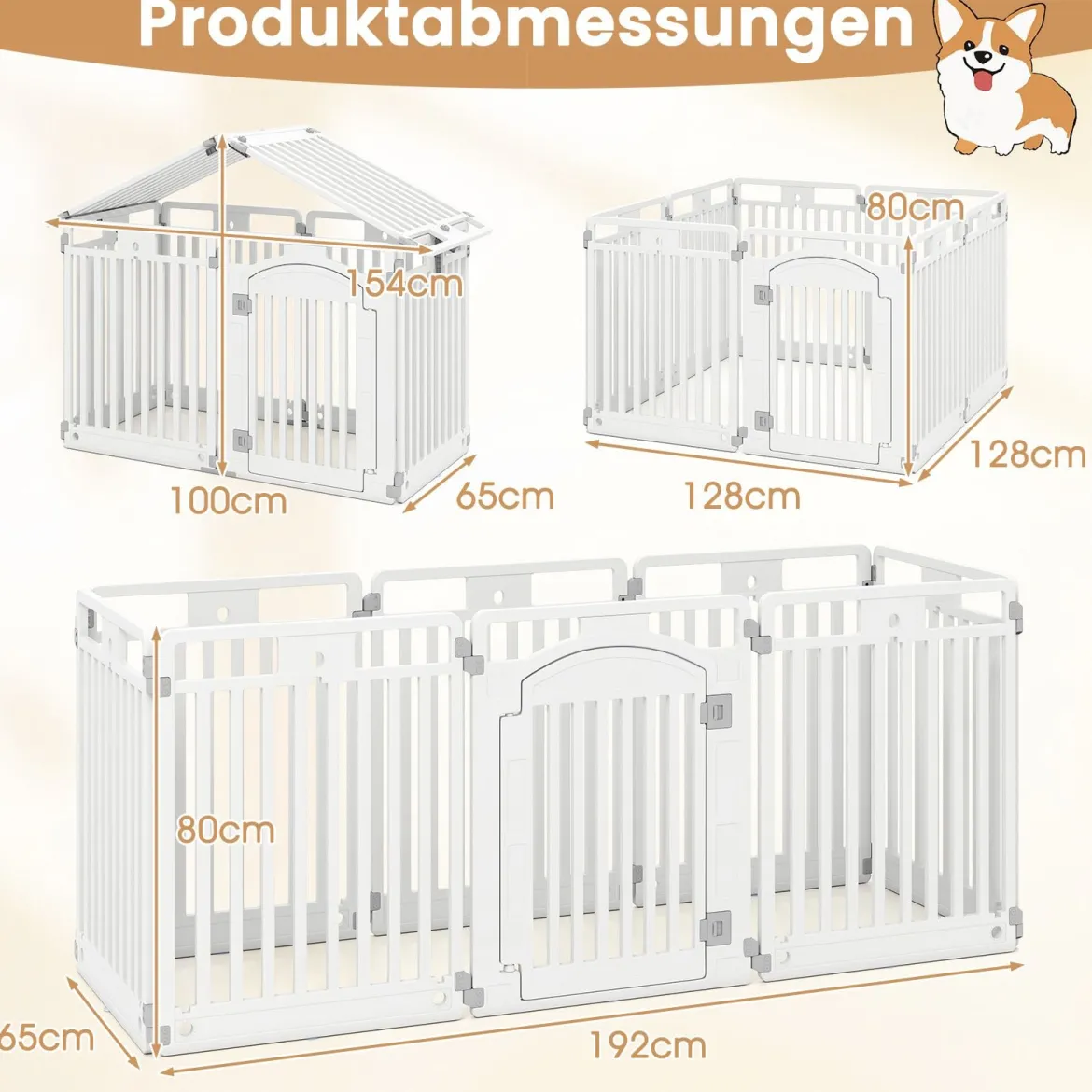 Faltbarer Welpenlaufstall mit 8 Paneelen & Abschließbarer Tür & & Bodennägeln Weiß