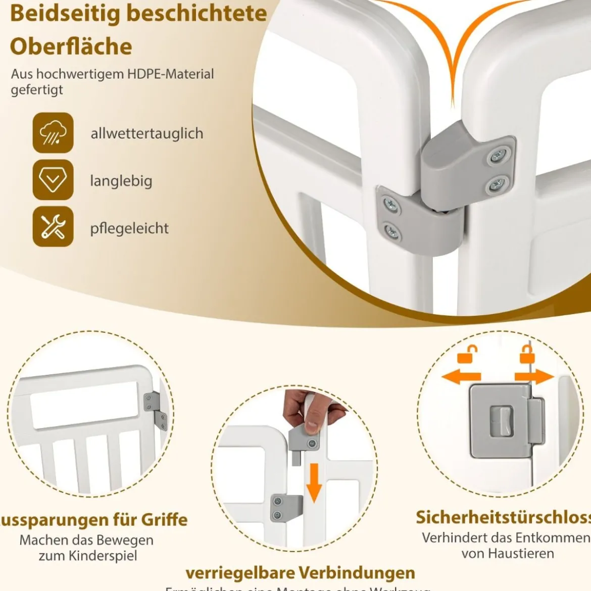 Faltbarer Welpenlaufstall mit 6 Paneelen & Abschließbarer Tür & & Bodennägeln Weiß