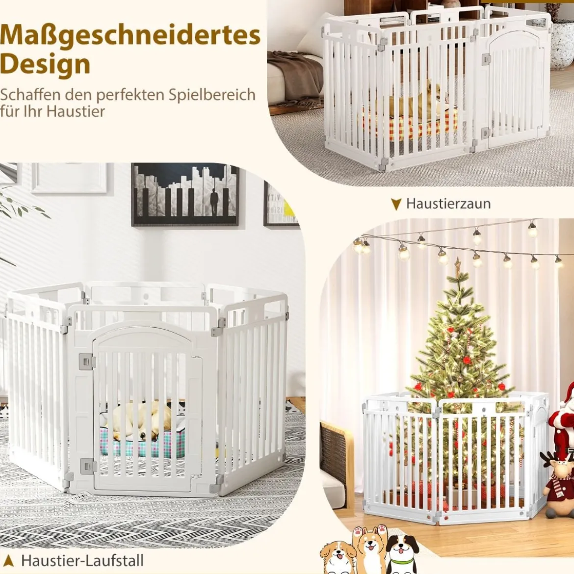 Faltbarer Welpenlaufstall mit 6 Paneelen & Abschließbarer Tür & & Bodennägeln Weiß