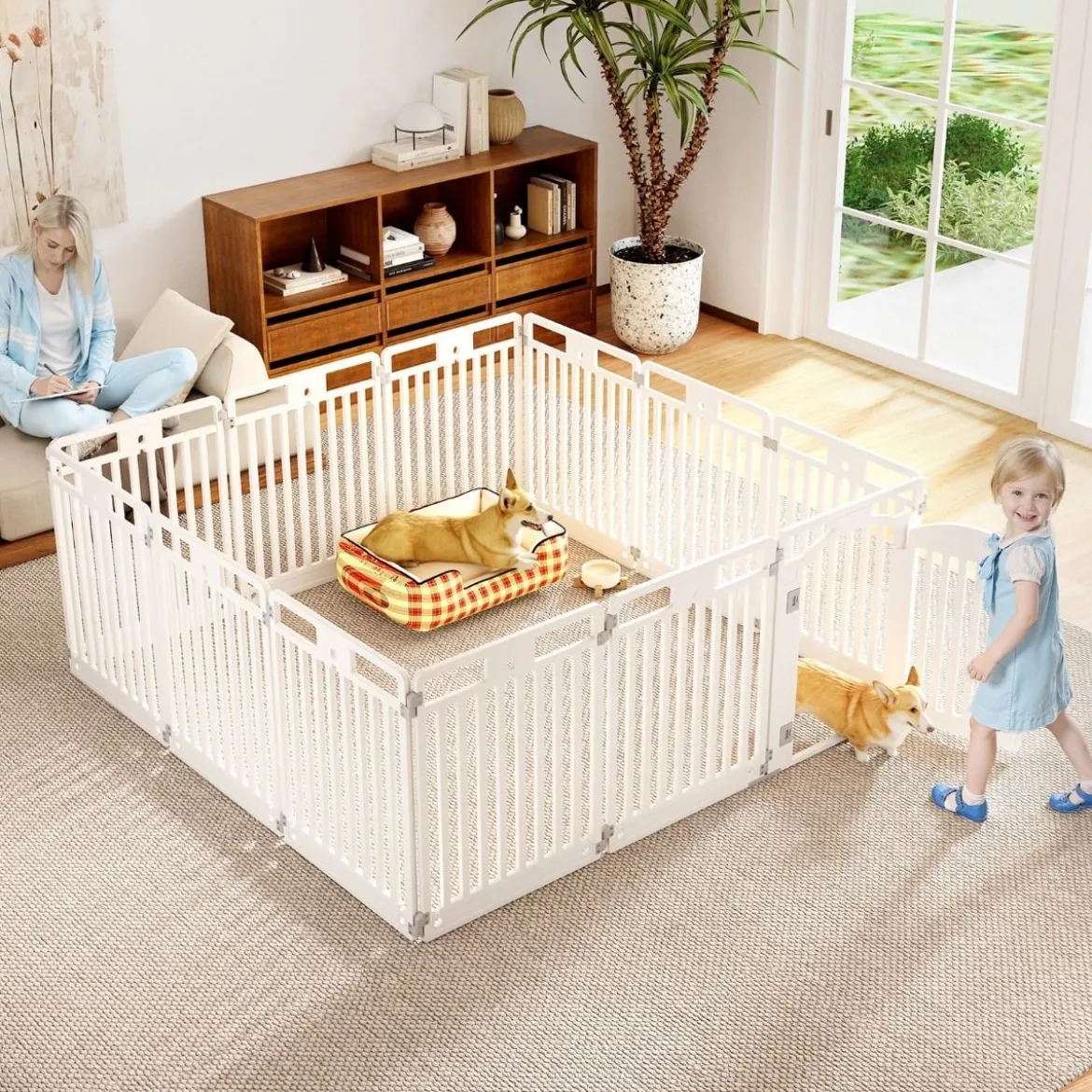Faltbarer Welpenlaufstall mit 6 Paneelen & Abschließbarer Tür & & Bodennägeln Weiß
