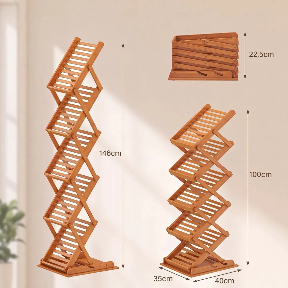 Faltbarer Zeitschriftenständer mit 5 Ablagefächern aus Bambus 40 x 35 x 146 cm Walnuss