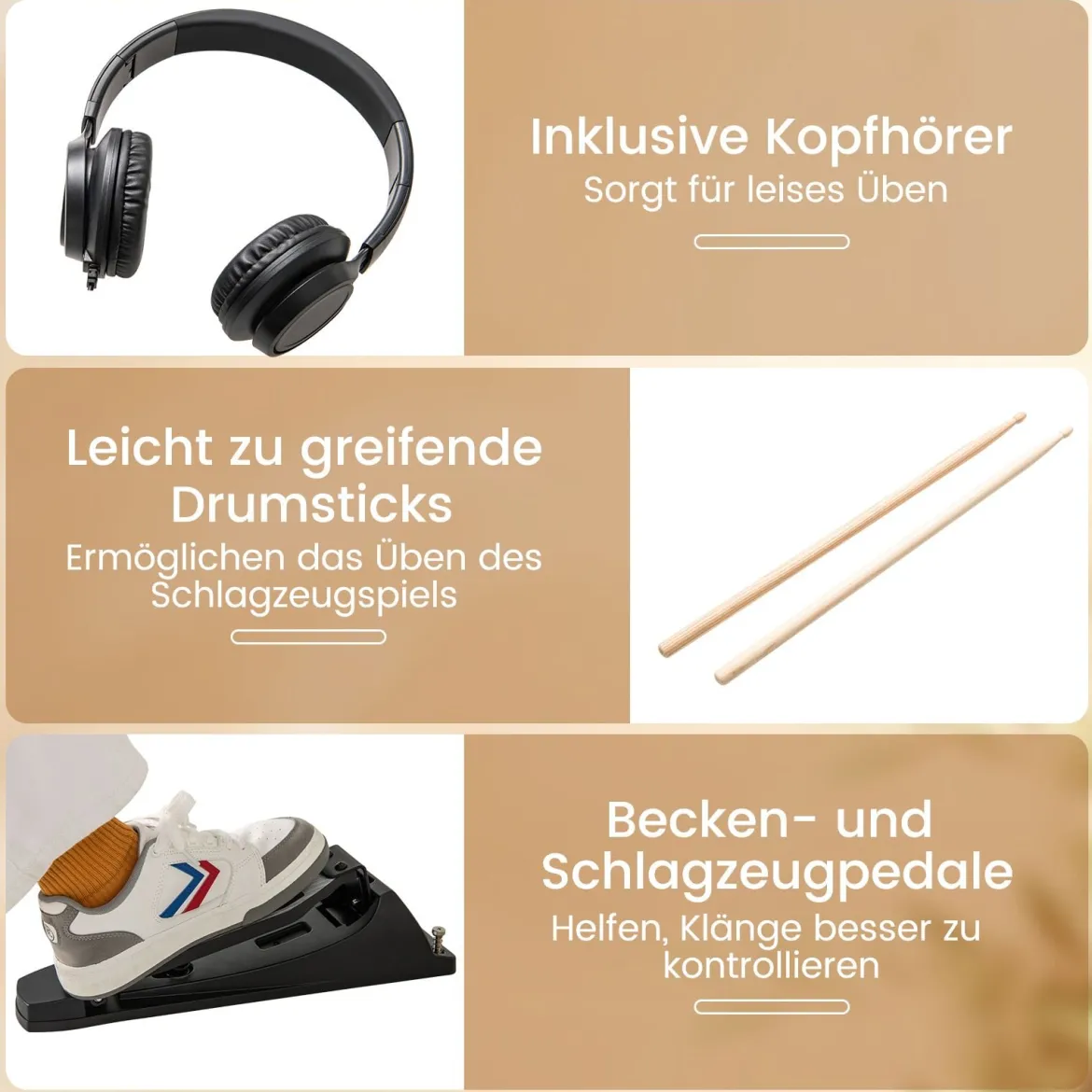 Faltbares E-Drum Set mit Mesh Pads & 225 Sounds & 30 Demos & Metronom E-Schlagzeug Komplettset