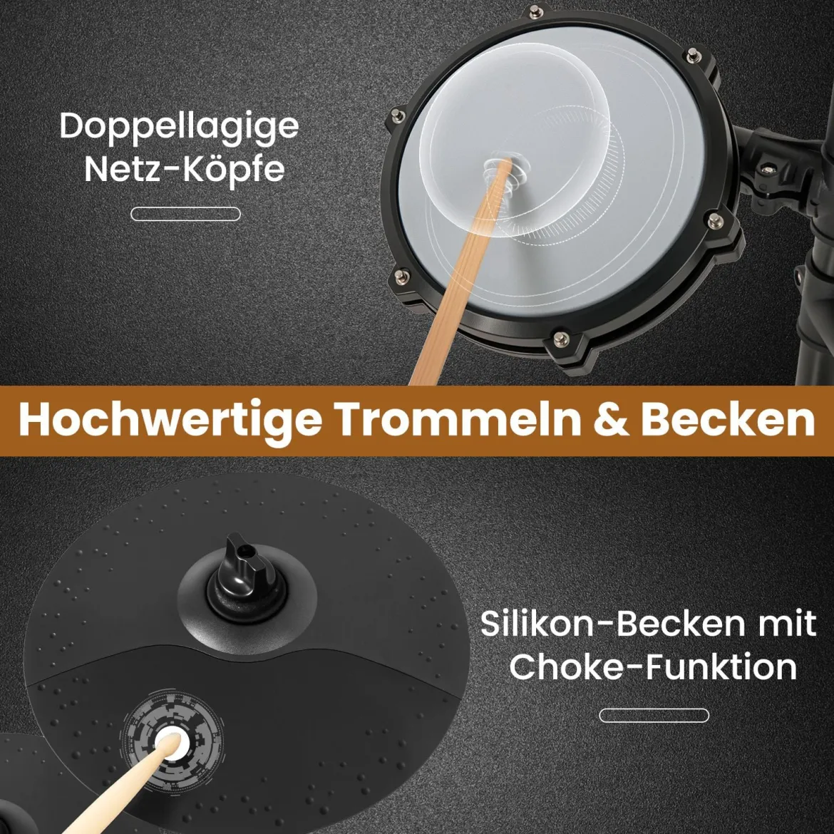 Faltbares E-Drum Set mit Mesh Pads & 225 Sounds & 30 Demos & Metronom E-Schlagzeug Komplettset