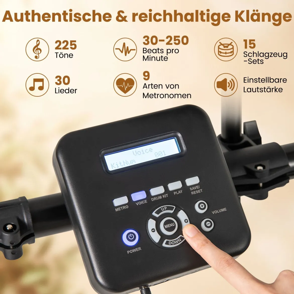 Faltbares E-Drum Set mit Mesh Pads & 225 Sounds & 30 Demos & Metronom E-Schlagzeug Komplettset