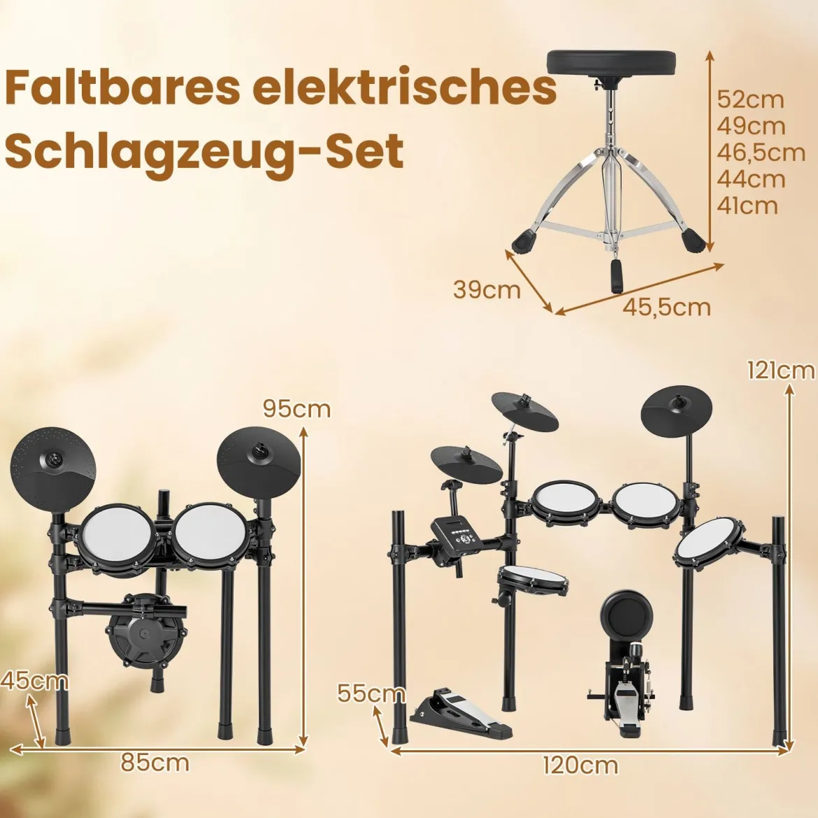 Faltbares E-Drum Set mit Mesh Pads & 225 Sounds & 30 Demos & Metronom E-Schlagzeug Komplettset