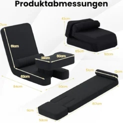 Faltbares Faulsofa Gaming-Bodensessel mit 5-fach verstellbarer Rückenlehne Fußablage & Tischplatte Schwarz