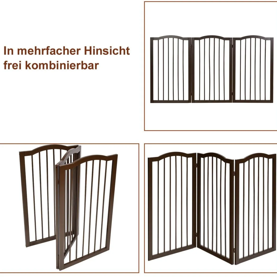 Faltbares Haustiertor aus Holz freistehende 3-Paneele-Barriere mit gewölbter Oberseite für Hunde Katzen braun