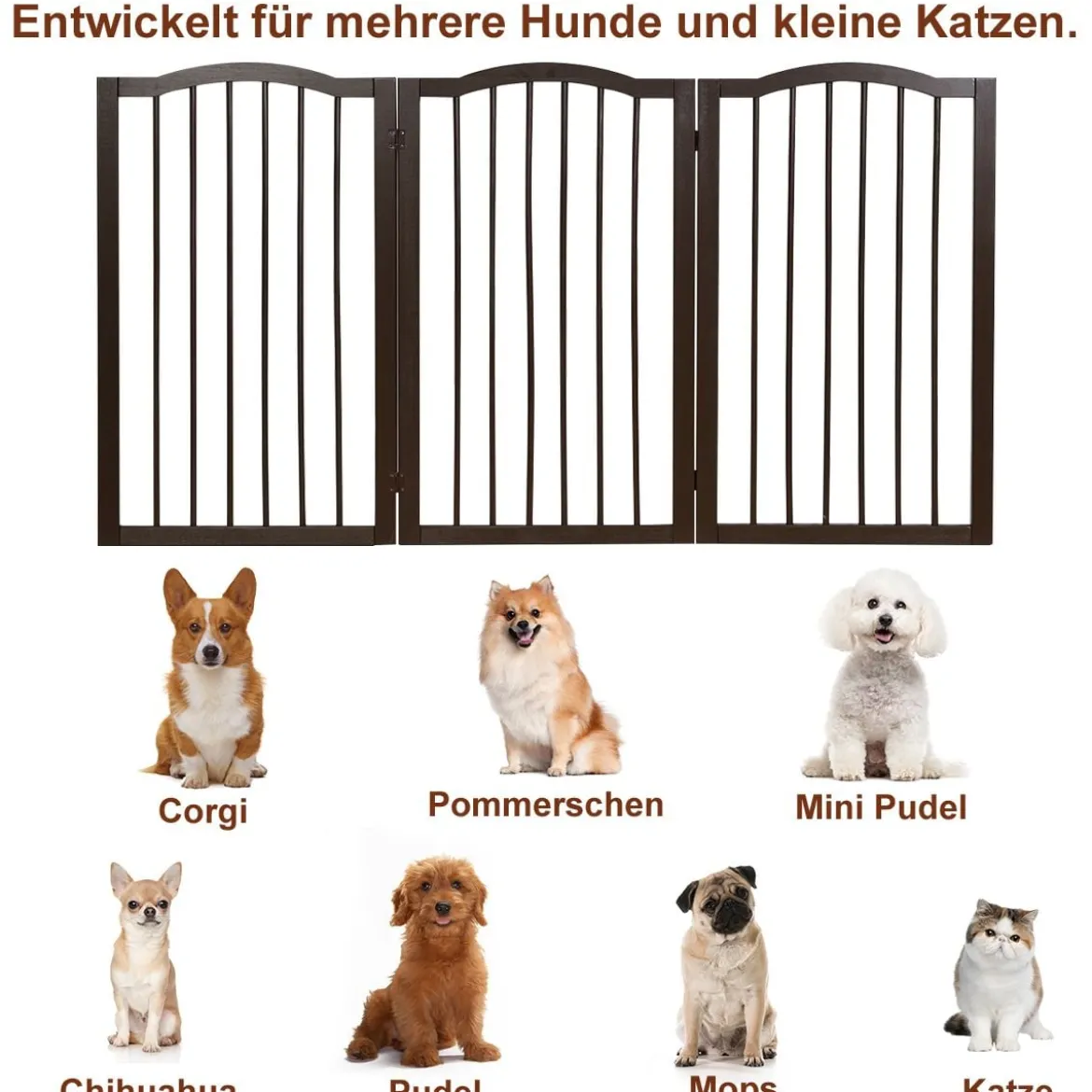 Faltbares Haustiertor aus Holz freistehende 3-Paneele-Barriere mit gewölbter Oberseite für Hunde Katzen braun