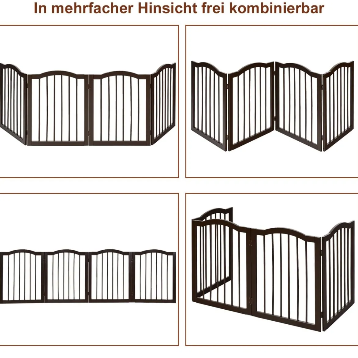 Faltbares Haustiertor aus Holz freistehende 4-Paneele-Barriere mit gewölbter Oberseite für Hunde Katzen braun