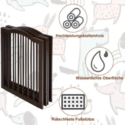Faltbares Haustiertor aus Holz freistehende 4-Paneele-Barriere mit gewölbter Oberseite für Hunde Katzen braun