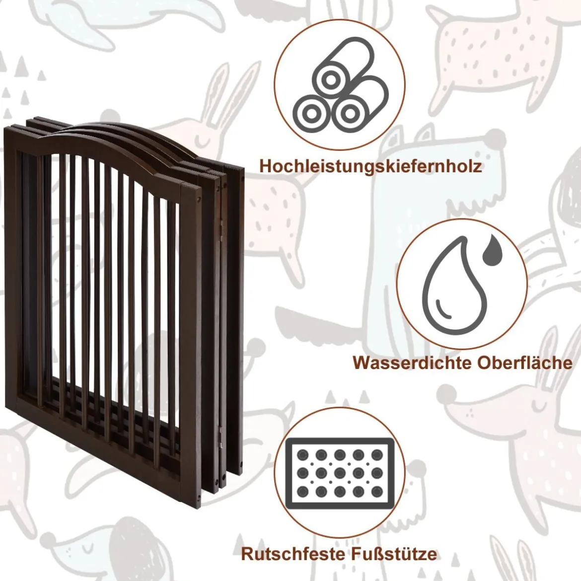 Faltbares Haustiertor aus Holz freistehende 4-Paneele-Barriere mit gewölbter Oberseite für Hunde Katzen braun