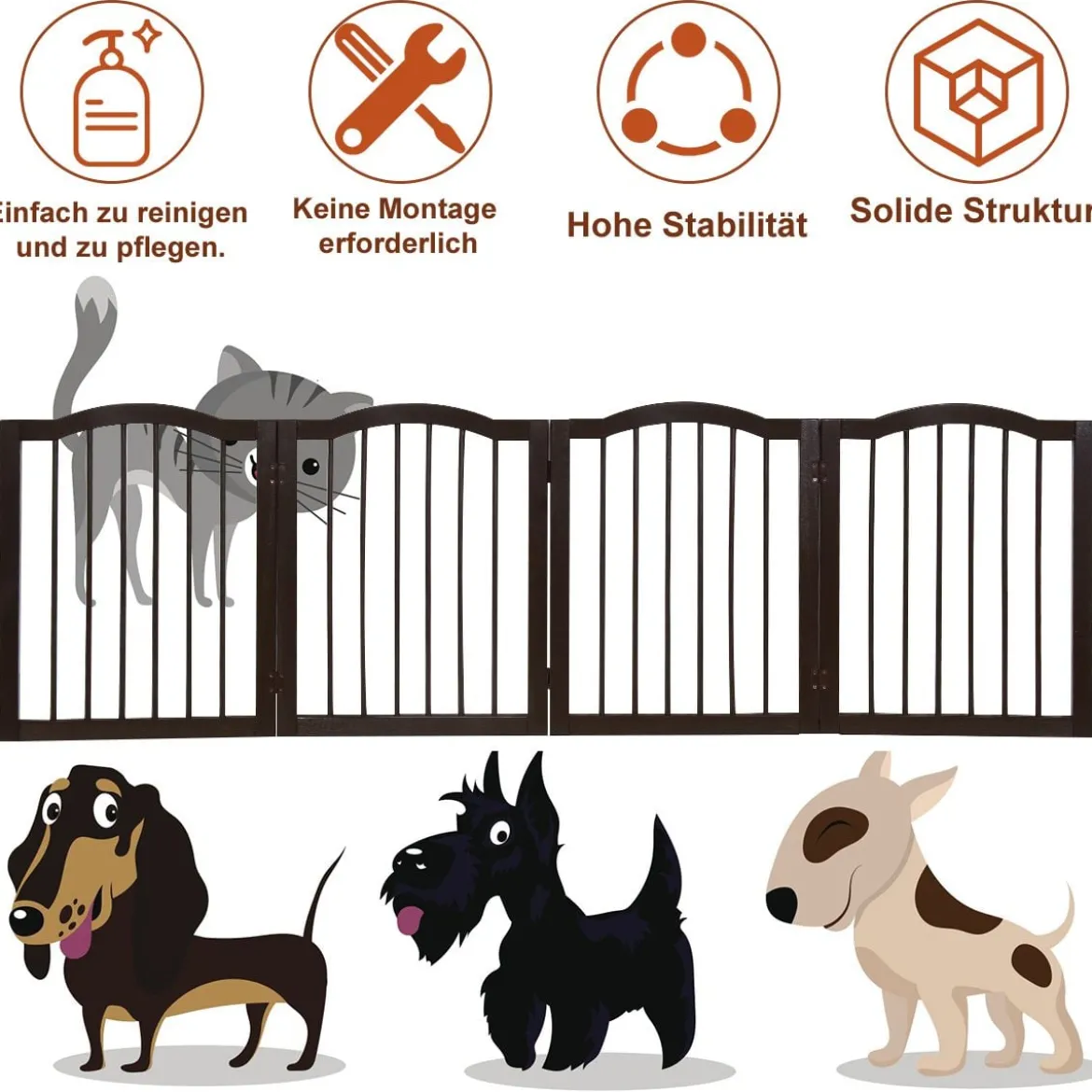 Faltbares Haustiertor aus Holz freistehende 4-Paneele-Barriere mit gewölbter Oberseite für Hunde Katzen braun