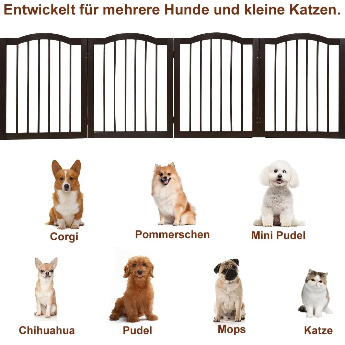 Faltbares Haustiertor aus Holz freistehende 4-Paneele-Barriere mit gewölbter Oberseite für Hunde Katzen braun