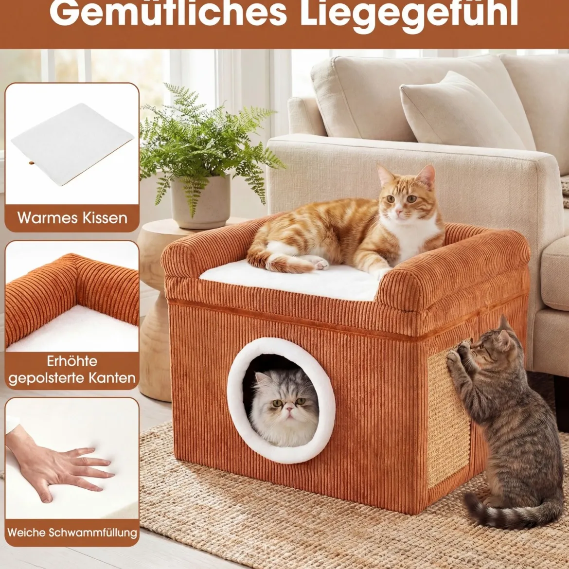Faltbares Katzenhaus mit Sisal-Kratzmatte & Weiches Kissen & Erhöhten Kanten Katzenbett Braun