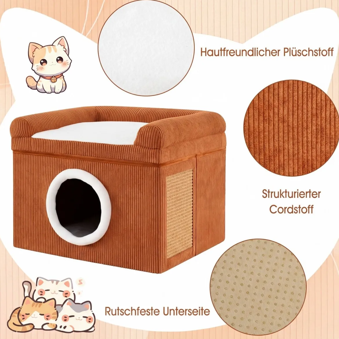 Faltbares Katzenhaus mit Sisal-Kratzmatte & Weiches Kissen & Erhöhten Kanten Katzenbett Braun