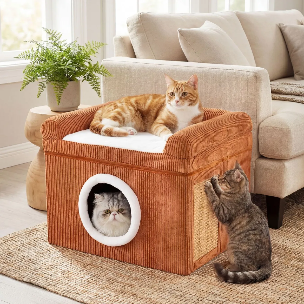 Faltbares Katzenhaus mit Sisal-Kratzmatte & Weiches Kissen & Erhöhten Kanten Katzenbett Braun