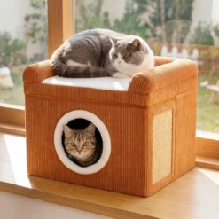 Faltbares Katzenhaus mit Sisal-Kratzmatte & Weiches Kissen & Erhöhten Kanten Katzenbett Braun