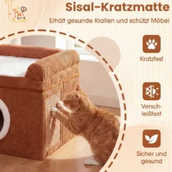 Faltbares Katzenhaus mit Sisal-Kratzmatte & Weiches Kissen & Erhöhten Kanten Katzenbett Braun