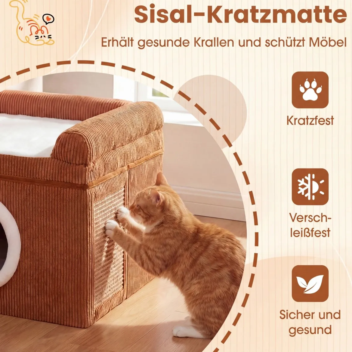 Faltbares Katzenhaus mit Sisal-Kratzmatte & Weiches Kissen & Erhöhten Kanten Katzenbett Braun