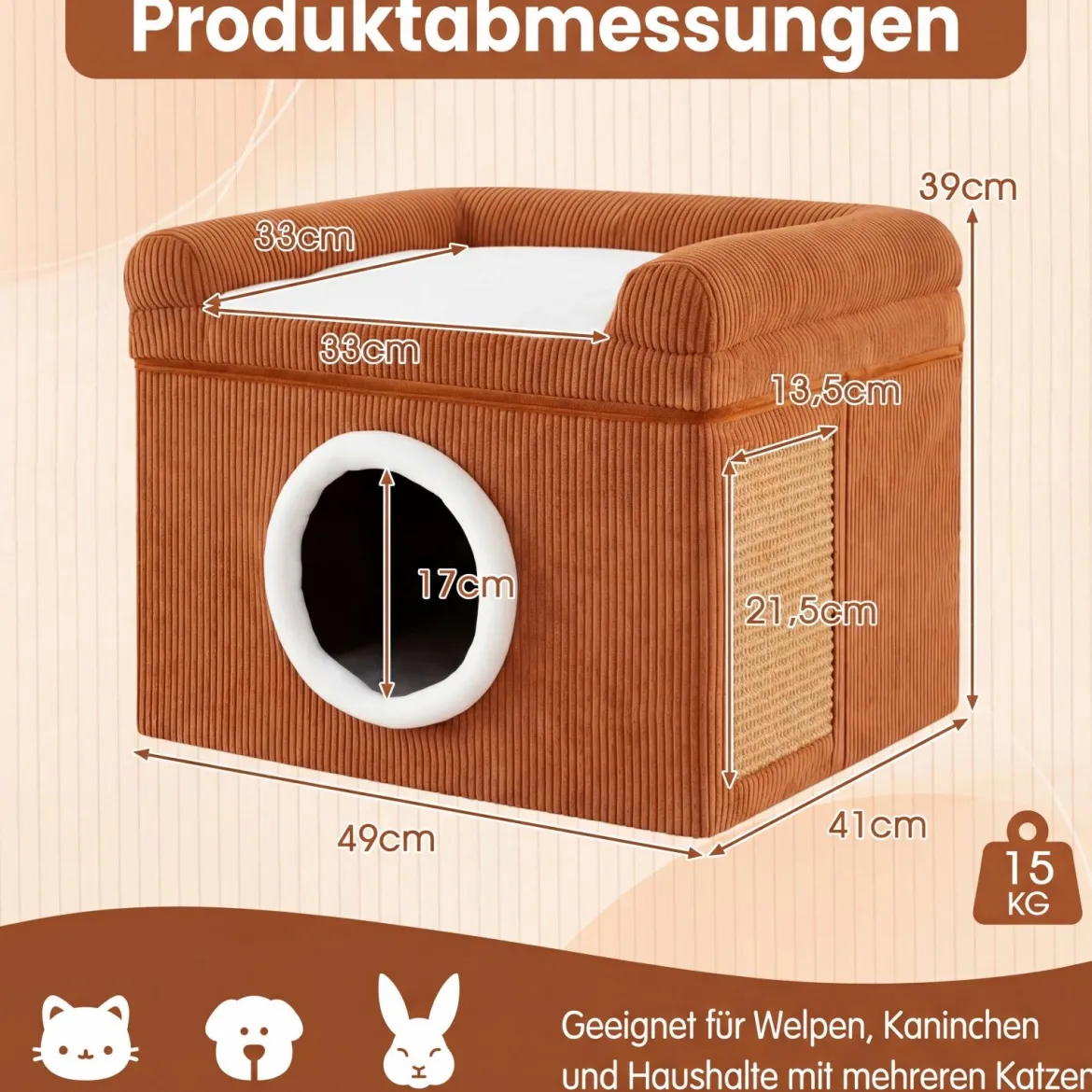 Faltbares Katzenhaus mit Sisal-Kratzmatte & Weiches Kissen & Erhöhten Kanten Katzenbett Braun