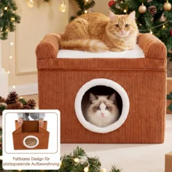 Faltbares Katzenhaus mit Sisal-Kratzmatte & Weiches Kissen & Erhöhten Kanten Katzenbett Braun
