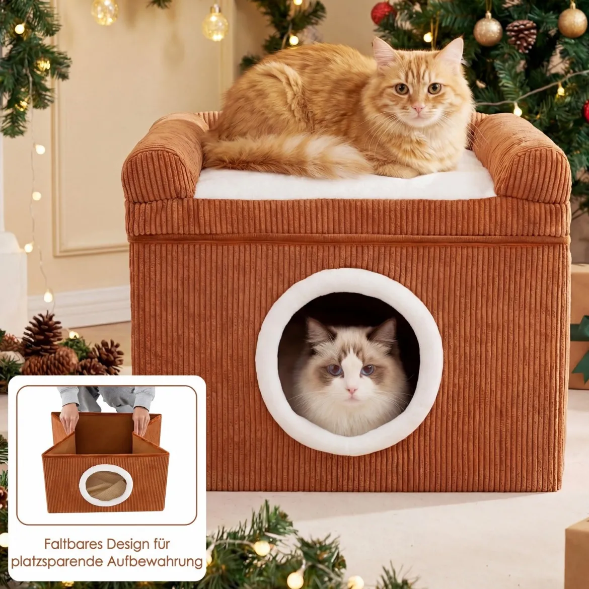 Faltbares Katzenhaus mit Sisal-Kratzmatte & Weiches Kissen & Erhöhten Kanten Katzenbett Braun