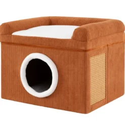Faltbares Katzenhaus mit Sisal-Kratzmatte & Weiches Kissen & Erhöhten Kanten Katzenbett Braun