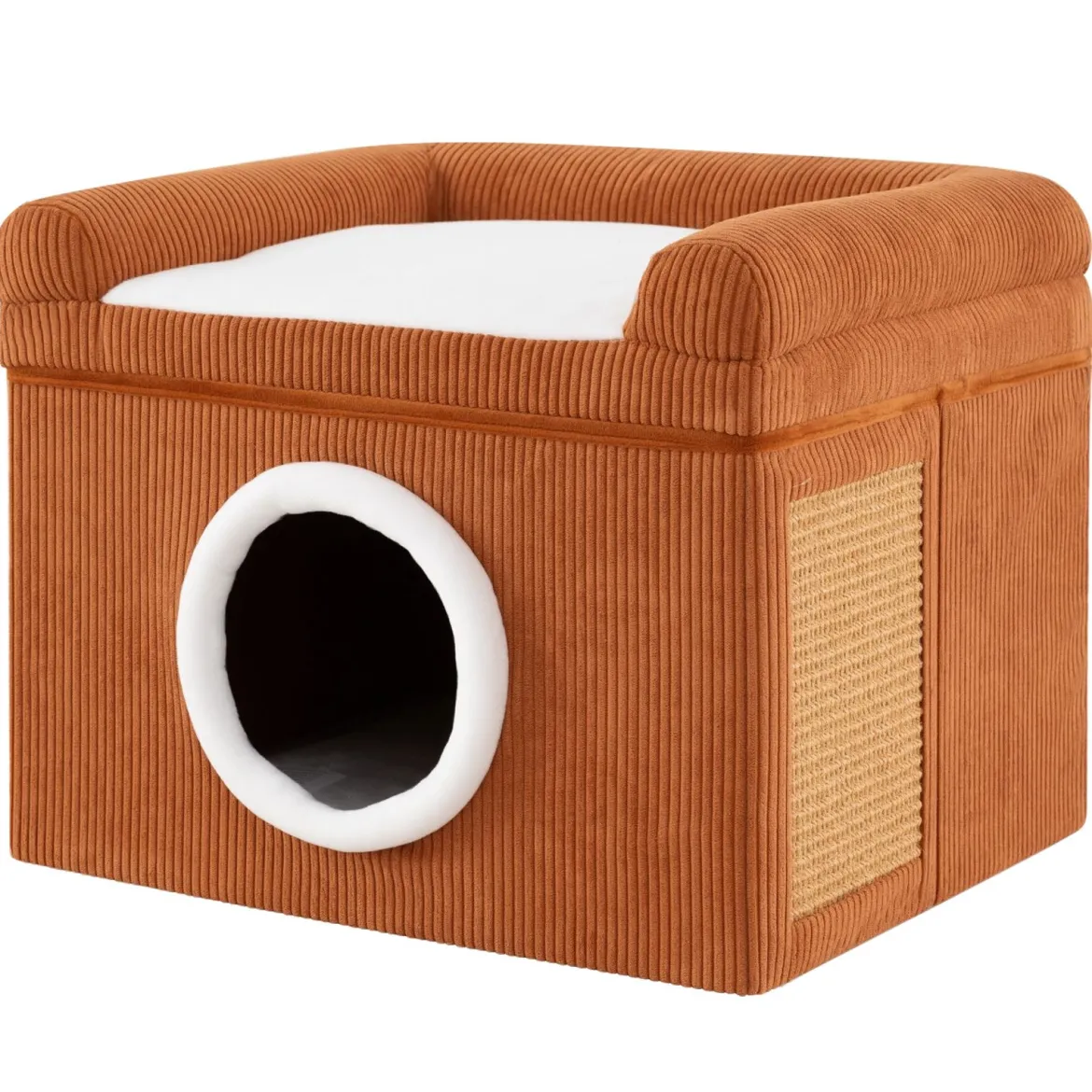 Faltbares Katzenhaus mit Sisal-Kratzmatte & Weiches Kissen & Erhöhten Kanten Katzenbett Braun