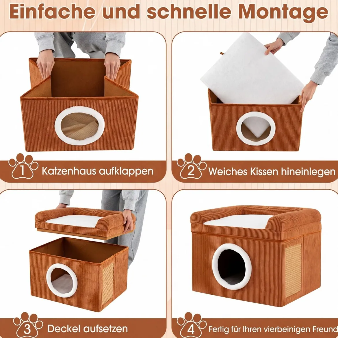 Faltbares Katzenhaus mit Sisal-Kratzmatte & Weiches Kissen & Erhöhten Kanten Katzenbett Braun
