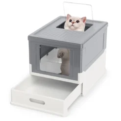 Faltbares Katzenklo mit Deckel & Ausziehbarem Tablett & Fronteinstieg Katzentoilette Grau