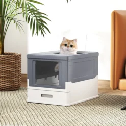 Faltbares Katzenklo mit Deckel & Ausziehbarem Tablett & Fronteinstieg Katzentoilette Grau
