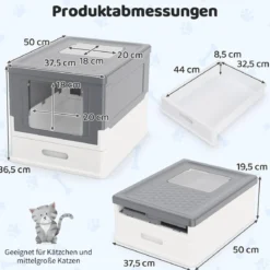 Faltbares Katzenklo mit Deckel & Ausziehbarem Tablett & Fronteinstieg Katzentoilette Grau