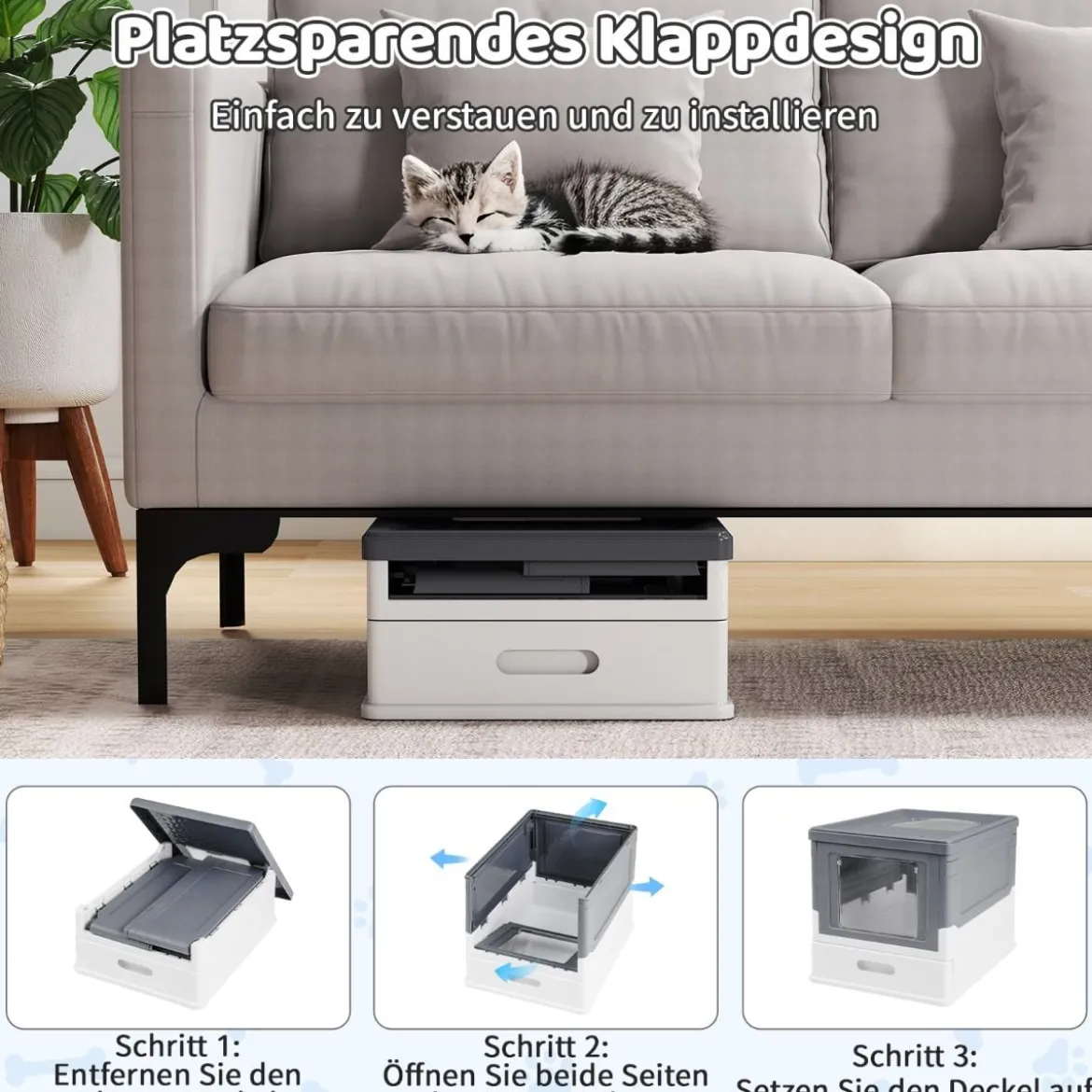Faltbares Katzenklo mit Deckel & Ausziehbarem Tablett & Fronteinstieg Katzentoilette Grau