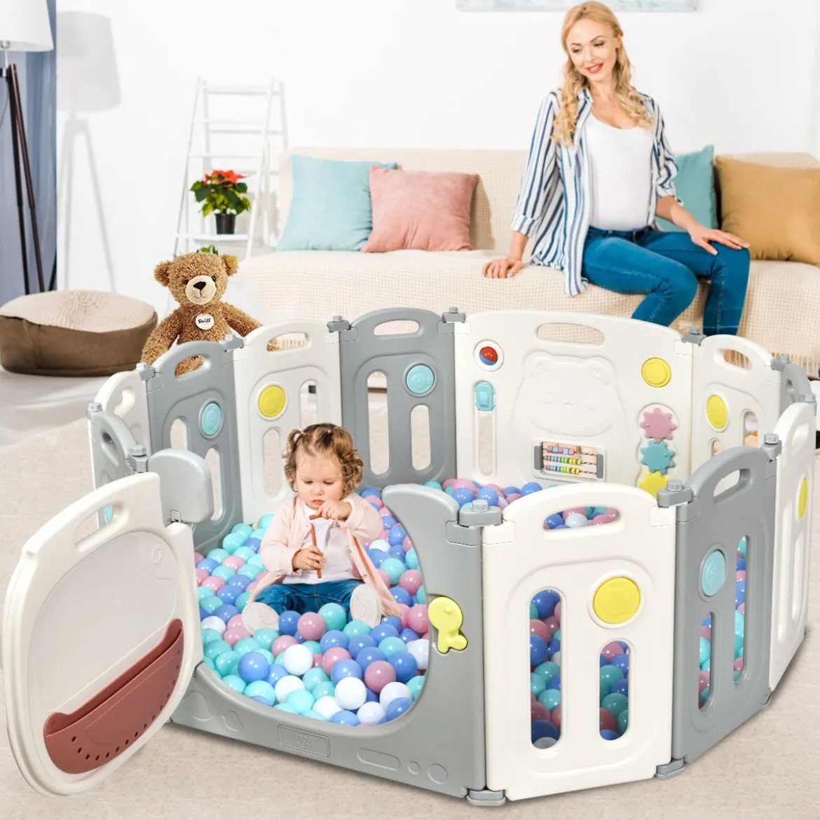 Faltbares Laufgitter mit 12 Panels Baby Laufstall tragbarer Spiellzaun