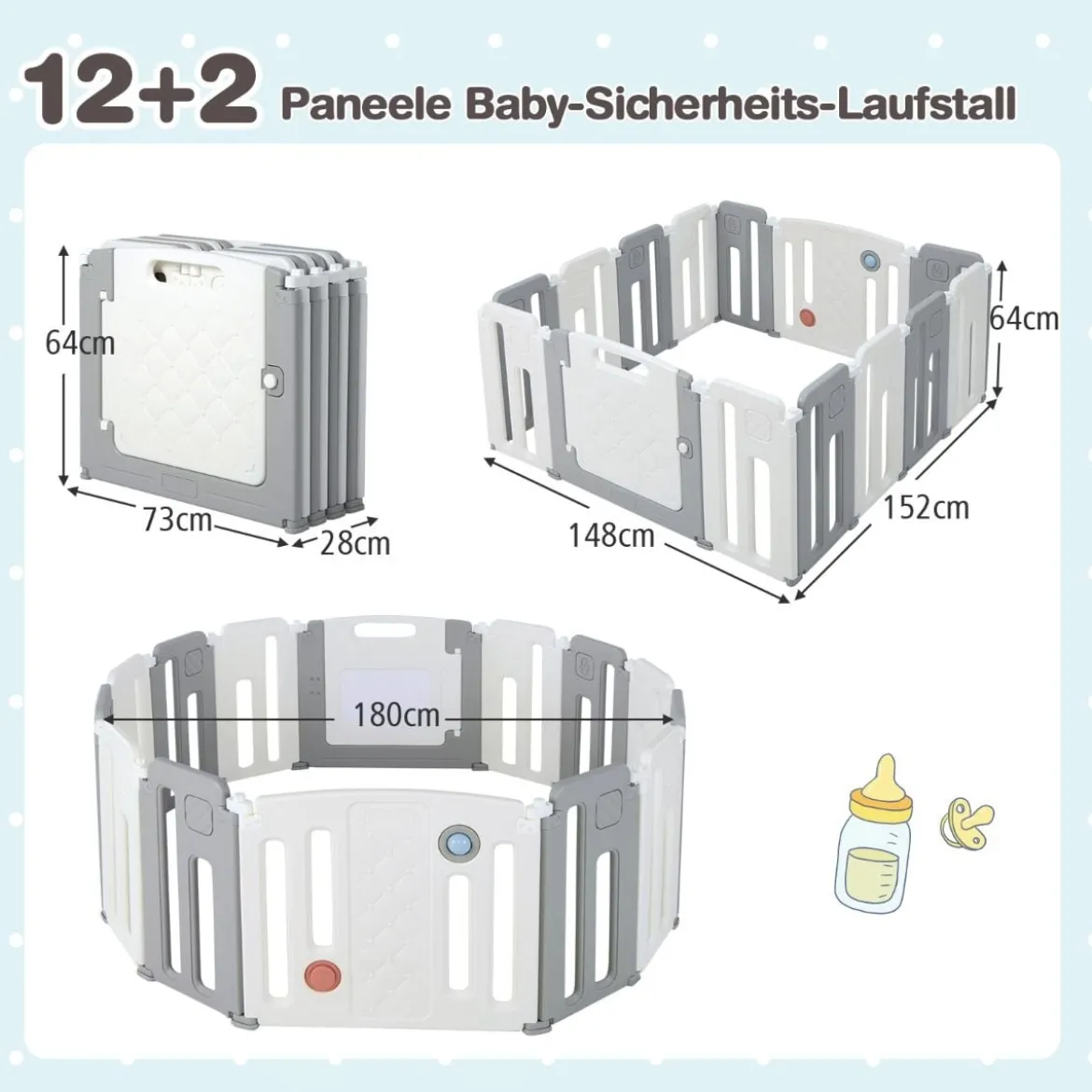 Faltbares Laufstall mit 14 Paneelen & Tür & Spielpaneel & Sicherheitsschloss & Whiteboard Weiß