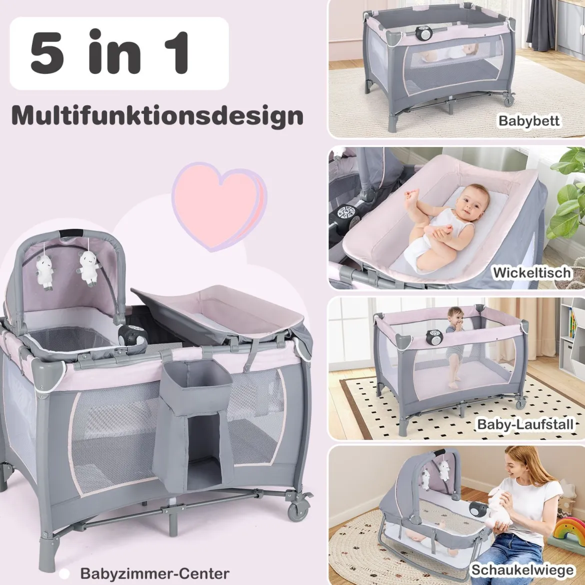 Faltbares Reisebett & Laufstall tragbares Babybett mit Babywiege Wickeltisch Spielbogen Musikbox Lila