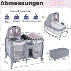 Faltbares Reisebett & Laufstall tragbares Babybett mit Babywiege Wickeltisch Spielbogen Musikbox Lila