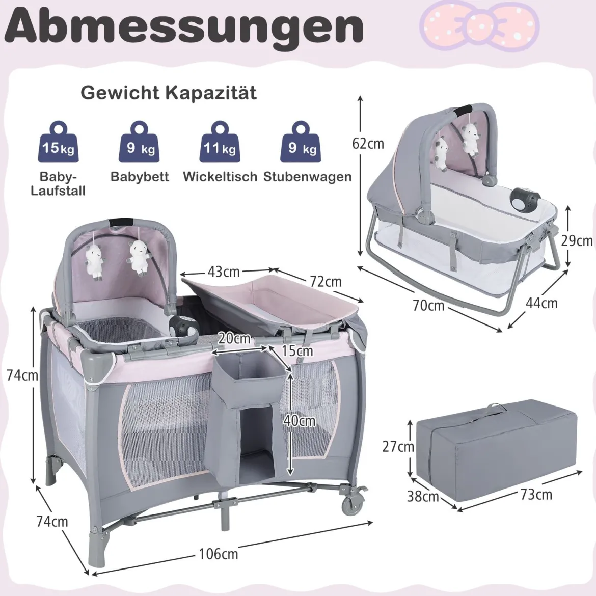 Faltbares Reisebett & Laufstall tragbares Babybett mit Babywiege Wickeltisch Spielbogen Musikbox Lila