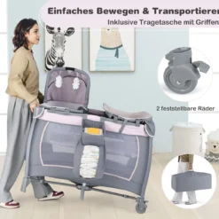 Faltbares Reisebett & Laufstall tragbares Babybett mit Babywiege Wickeltisch Spielbogen Musikbox Lila