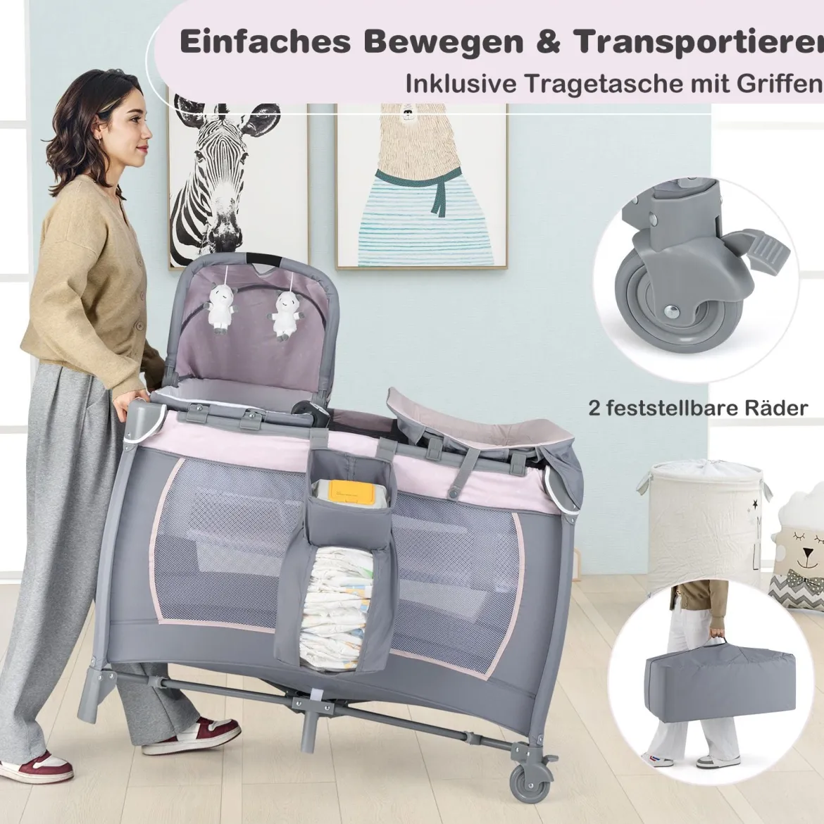 Faltbares Reisebett & Laufstall tragbares Babybett mit Babywiege Wickeltisch Spielbogen Musikbox Lila