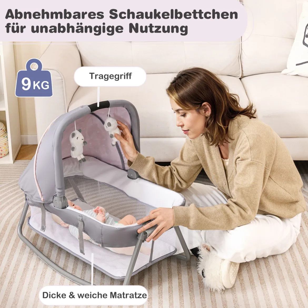Faltbares Reisebett & Laufstall tragbares Babybett mit Babywiege Wickeltisch Spielbogen Musikbox Lila
